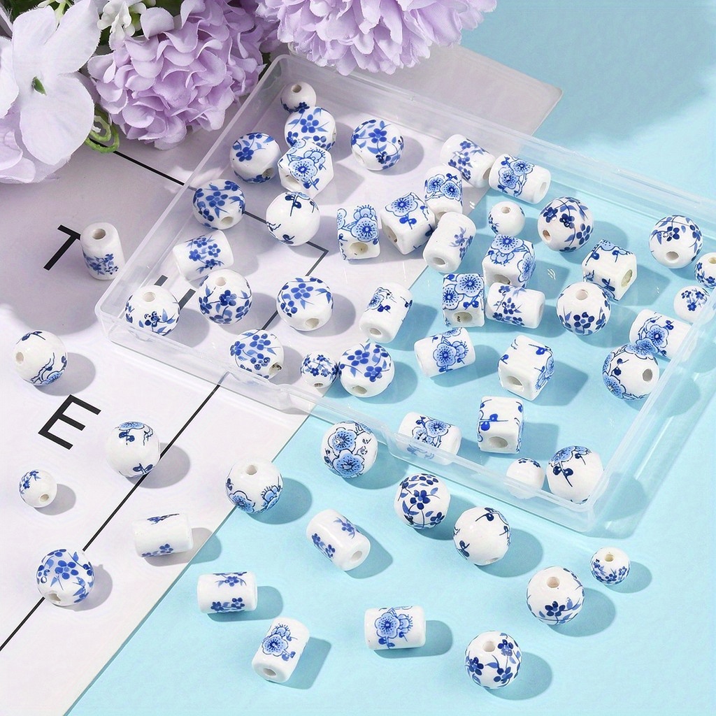 56pcs Handmade Porcelain Beads in Blue and White